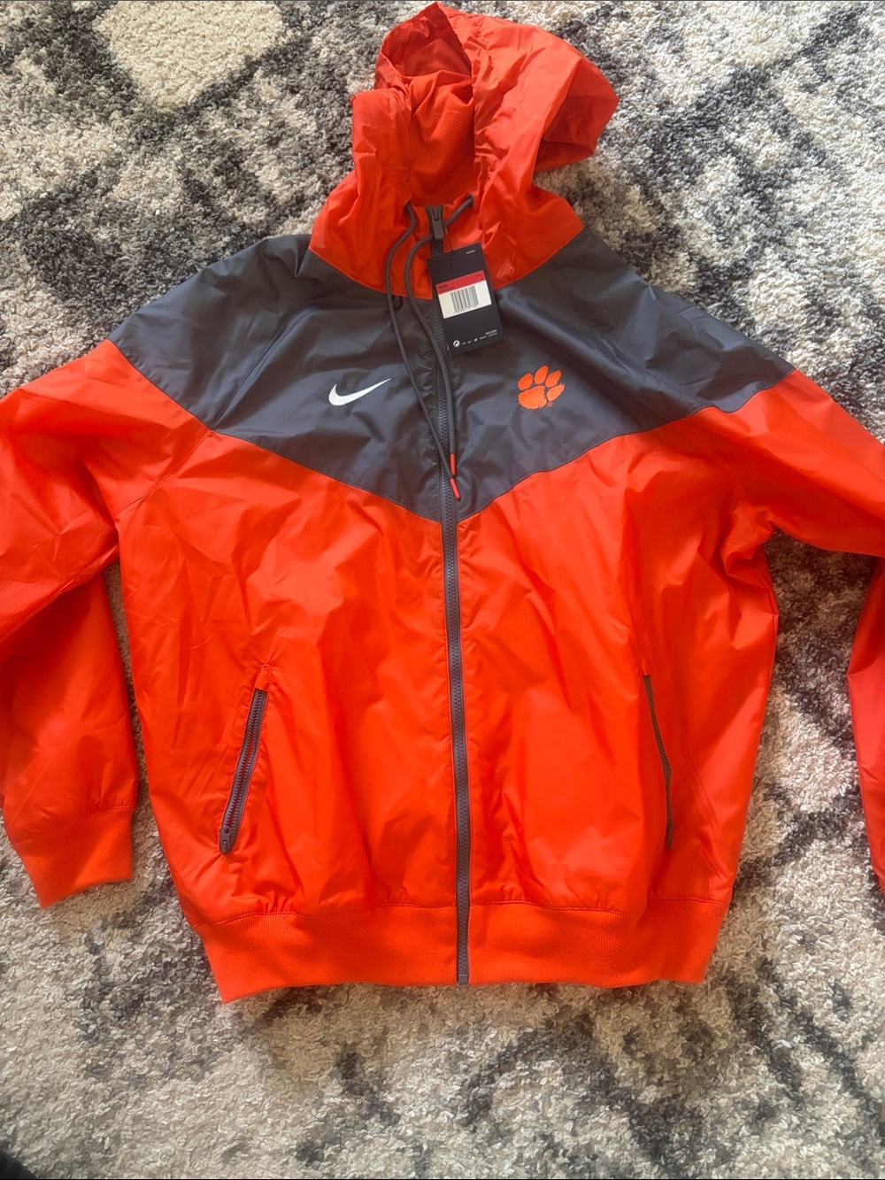 Nike Men Orange and Gray Hooded Clemson Tigers Windbreaker with Team Paw